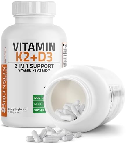 Bronson Vitamin K2 D3  MK7  Supplement Non GMO Formula Vitamin D3 5000IU  125 mcg  & 90 mcg K2 MK 7  Easy to Swallow D & K Complex  60 Capsules