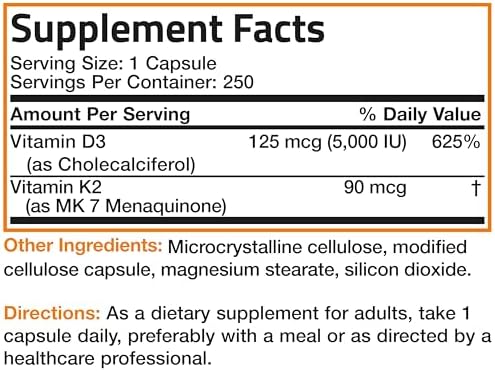 Bronson Vitamin K2 D3  MK7  Supplement Non GMO Formula Vitamin D3 5000IU  125 mcg  & 90 mcg K2 MK 7  Easy to Swallow D & K Complex  60 Capsules