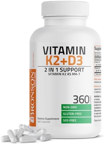 Bronson Vitamin K2 D3  MK7  Supplement Non GMO Formula Vitamin D3 5000IU  125 mcg  & 90 mcg K2 MK 7  Easy to Swallow D & K Complex  60 Capsules