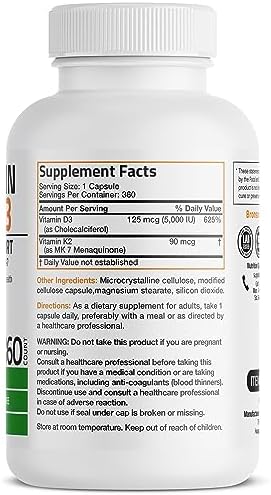 Bronson Vitamin K2 D3  MK7  Supplement Non GMO Formula Vitamin D3 5000IU  125 mcg  & 90 mcg K2 MK 7  Easy to Swallow D & K Complex  60 Capsules