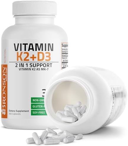 Bronson Vitamin K2 D3  MK7  Supplement Non GMO Formula Vitamin D3 5000IU  125 mcg  & 90 mcg K2 MK 7  Easy to Swallow D & K Complex  60 Capsules