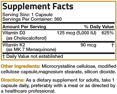Bronson Vitamin K2 D3  MK7  Supplement Non GMO Formula Vitamin D3 5000IU  125 mcg  & 90 mcg K2 MK 7  Easy to Swallow D & K Complex  60 Capsules