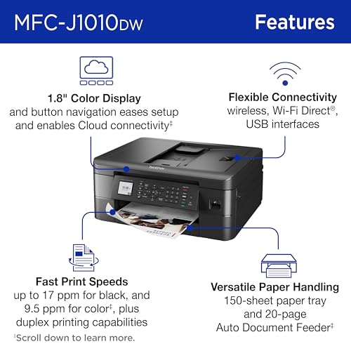 Brother MFC J1010DW Wireless Color Inkjet All in One Printer  Duplex Printing  Mobile & Cloud Print  Compact Design  1 8 Color Display  Works with Alexa