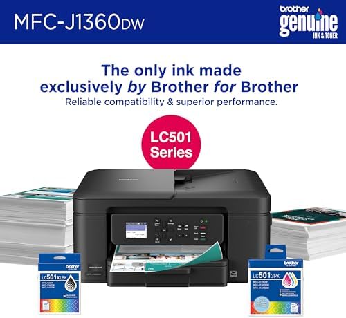 Brother Work Smart 1360 Wireless Color Inkjet All in One Printer with Automatic Duplex Printing and 1 8  Color Display   Includes Refresh Subscription Trial 1   MFC J1360DW   Uses LC501 Series Inks 