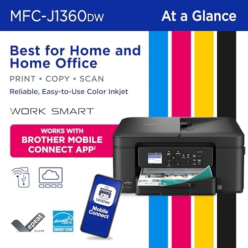 Brother Work Smart 1360 Wireless Color Inkjet All in One Printer with Automatic Duplex Printing and 1 8  Color Display   Includes Refresh Subscription Trial 1   MFC J1360DW   Uses LC501 Series Inks 