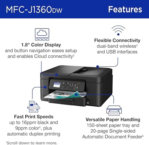 Brother Work Smart 1360 Wireless Color Inkjet All in One Printer with Automatic Duplex Printing and 1 8  Color Display   Includes Refresh Subscription Trial 1   MFC J1360DW   Uses LC501 Series Inks 
