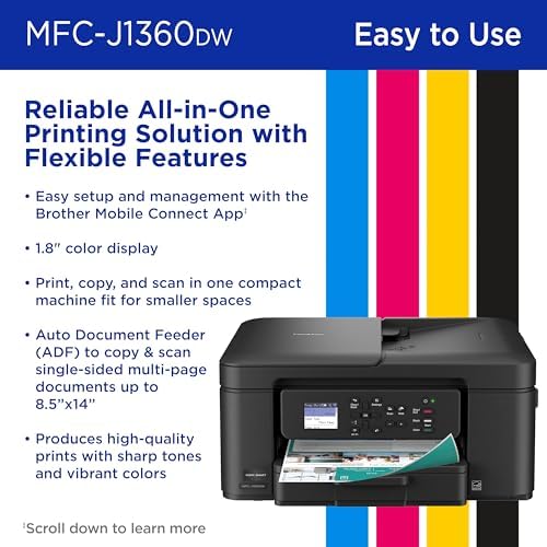 Brother Work Smart 1360 Wireless Color Inkjet All in One Printer with Automatic Duplex Printing and 1 8  Color Display   Includes Refresh Subscription Trial 1   MFC J1360DW   Uses LC501 Series Inks 
