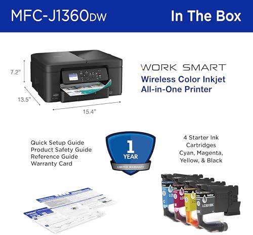 Brother Work Smart 1360 Wireless Color Inkjet All in One Printer with Automatic Duplex Printing and 1 8  Color Display   Includes Refresh Subscription Trial 1   MFC J1360DW   Uses LC501 Series Inks 