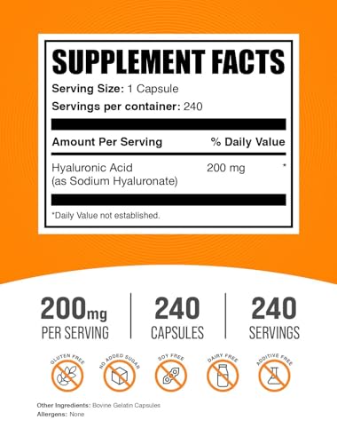 BulkSupplements com Hyaluronic Acid Capsules   Hyaluronic Acid Supplements  Hyaluronic Acid 200mg   Pure & Gluten Free  1 Capsule per Serving  240 Count  Pack of 1 