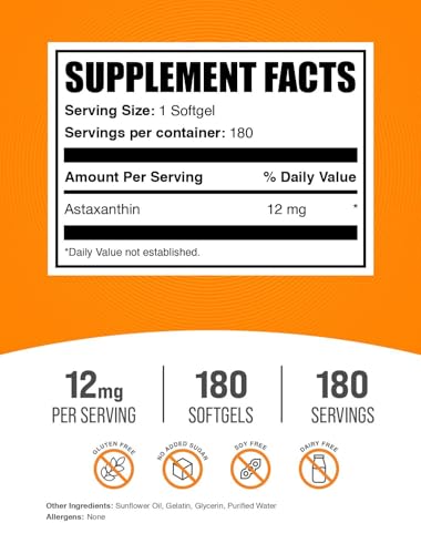 BulkSupplements com Astaxanthin 12mg Softgels   Astaxanthin Supplements  Antioxidant Source   Gluten Free  1 Softgel per Serving  180 Count  Pack of 1 