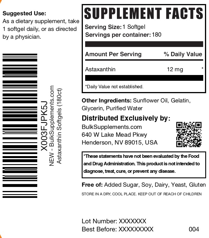 BulkSupplements com Astaxanthin 12mg Softgels   Astaxanthin Supplements  Antioxidant Source   Gluten Free  1 Softgel per Serving  180 Count  Pack of 1 
