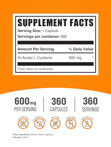 BulkSupplements com N Acetyl L Cysteine Capsules   N Acetyl Cysteine 600mg  NAC Supplement   600mg per Capsule  Gluten Free   1 NAC Capsule per Serving  360 Capsules  Pack of 1 