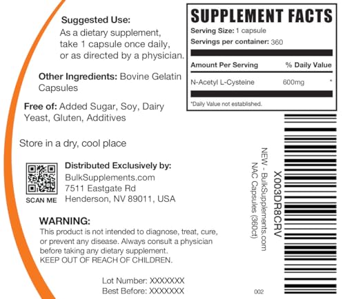 BulkSupplements com N Acetyl L Cysteine Capsules   N Acetyl Cysteine 600mg  NAC Supplement   600mg per Capsule  Gluten Free   1 NAC Capsule per Serving  360 Capsules  Pack of 1 