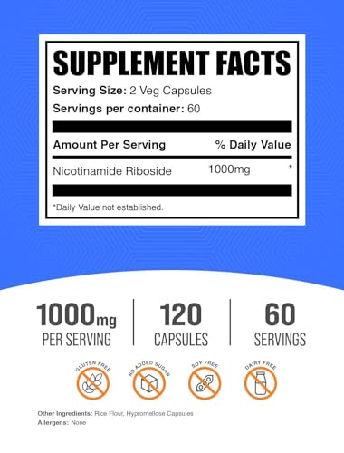 BulkSupplements com Nicotinamide Riboside Capsules   NAD  Supplement  Nicotinamide Riboside 1000mg   Gluten Free  2 Capsules per Serving  120 Count  Pack of 1