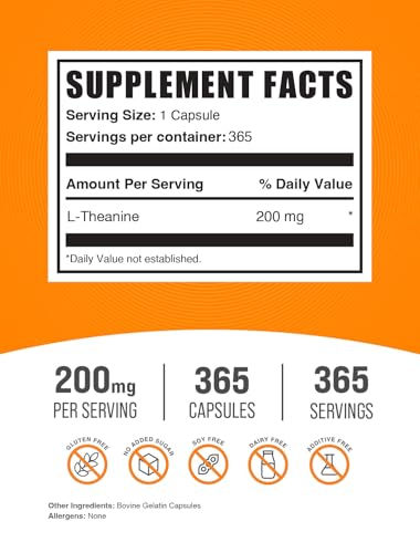 BulkSupplements. com L-teanina Cápsulas - L-teanina 200 mg, suplemento de aminoácidos - Sin gluten, 1 cápsula por porción, 365 unidades (paquete de 1)