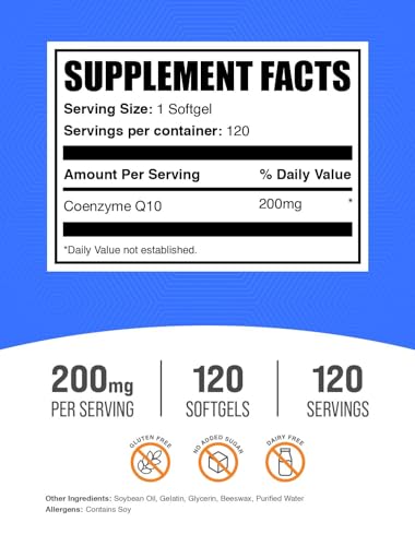 BulkSupplements com CoQ10 200mg Softgels   for Heart Health  Coenzyme Q10 200mg Supplement  Gluten Free  1 Softgel per Serving  120 Count  Pack of 1 