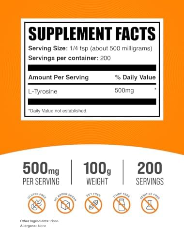 BulkSupplements com L Tyrosine Powder   Sports Nutrition  Amino Acid Supplement   Unflavored & Gluten Free  500mg per Serving  100g  3 5 oz   Pack of 1