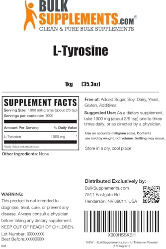BulkSupplements com L Tyrosine Powder   Sports Nutrition  Amino Acid Supplement   Unflavored & Gluten Free  500mg per Serving  100g  3 5 oz   Pack of 1