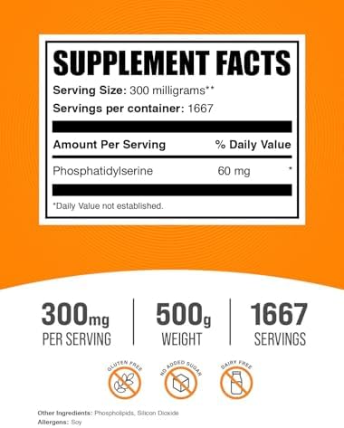 BulkSupplements com Phosphatidylserine Powder   Phosphatidylserine Supplement  Sourced from Soy Beans   300mg per Serving  60mg of Phosphatidylserine   25g  0 88 oz   Pack of 1