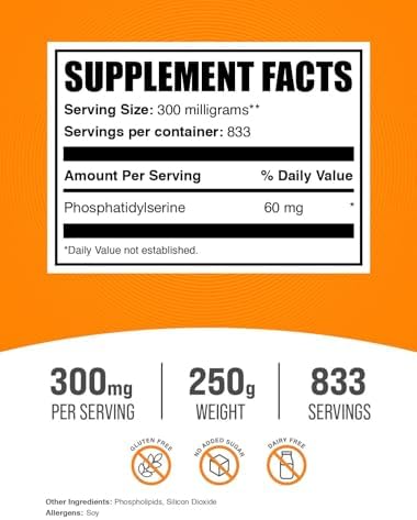BulkSupplements com Phosphatidylserine Powder   Phosphatidylserine Supplement  Sourced from Soy Beans   300mg per Serving  60mg of Phosphatidylserine   25g  0 88 oz   Pack of 1