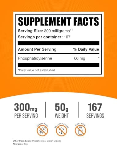 BulkSupplements com Phosphatidylserine Powder   Phosphatidylserine Supplement  Sourced from Soy Beans   300mg per Serving  60mg of Phosphatidylserine   25g  0 88 oz   Pack of 1