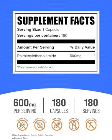 BulkSupplements com Palmitoylethanolamide Capsules   Pea Supplement  Palmitoylethanolamide 600mg for Immmune Support   Gluten Free  1 Capsule per Serving  180 Capsules  Pack of 1