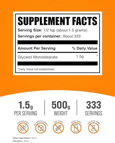 BulkSupplements com Glycerol Monostearate Powder   Glycerol Supplement  GMS Powder   Unflavored  Food Grade & Gluten Free  1 5g per Serving  500g  1 1 lbs   Pack of 1 