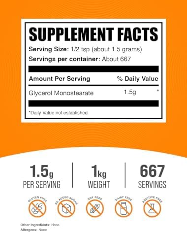 BulkSupplements com Glycerol Monostearate Powder   Glycerol Supplement  GMS Powder   Unflavored  Food Grade & Gluten Free  1 5g per Serving  1kg  2 2 lbs   Pack of 1 