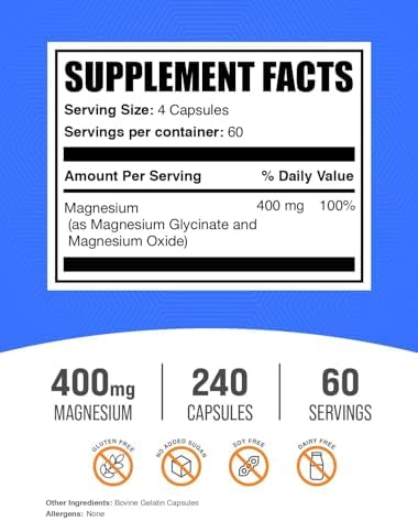 BulkSupplements.com Cápsulas de Glicinato de Magnesio - Suplemento de Magnesio, Forma Altamente Absorbida - Sin Gluten, 4 Cápsulas por Porción (400mg), 240 Unidades (Paquete de 1)