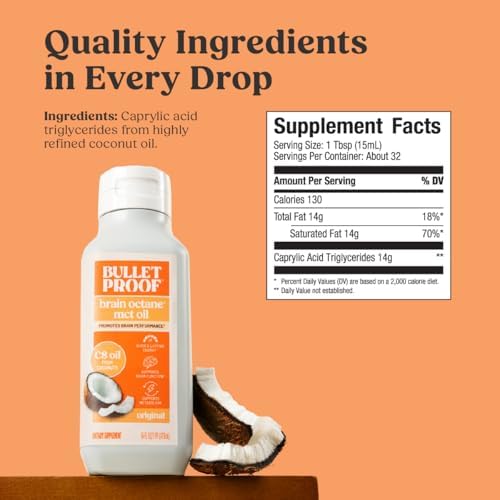 Bulletproof Brain Octane C8 MCT Oil  32 Ounces  Keto Supplement for Sustained Energy and Fewer Cravings