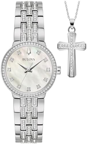 Bulova Ladies Crystal Stainless Steel Box Set with White Mother of Pearl Dial 3 Hand Quartz Watch and Cross Crystal Pendant Necklace  30mm Style 96X163