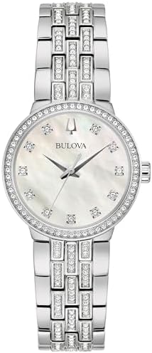 Bulova Ladies Crystal Stainless Steel Box Set with White Mother of Pearl Dial 3 Hand Quartz Watch and Cross Crystal Pendant Necklace  30mm Style 96X163