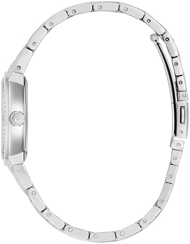 Bulova Ladies Crystal Stainless Steel Box Set with White Mother of Pearl Dial 3 Hand Quartz Watch and Cross Crystal Pendant Necklace  30mm Style 96X163