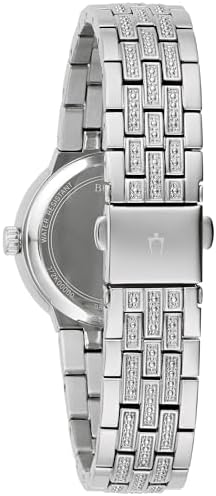 Bulova Ladies Crystal Stainless Steel Box Set with White Mother of Pearl Dial 3 Hand Quartz Watch and Cross Crystal Pendant Necklace  30mm Style 96X163