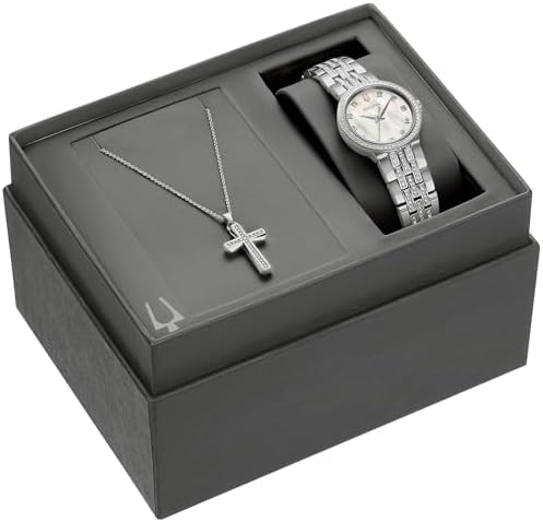 Bulova Ladies Crystal Stainless Steel Box Set with White Mother of Pearl Dial 3 Hand Quartz Watch and Cross Crystal Pendant Necklace  30mm Style 96X163