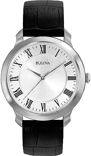 Bulova Mens Classic 3 Hand Quartz Black Leather Strap Watch  Roman Numeral Markers  41mm