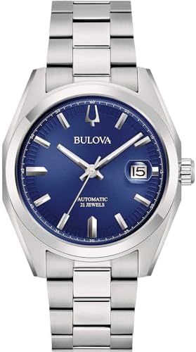 Bulova Surveyor Automatic Mens Watch  Blue Background  Steel Case and Bracelet  Silver