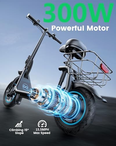 C1 Electric Scooter with Seat for Adults  300W Motor  20 Mile Range  15 5 MPH  Foldable Commuter E Scooter with Basket for Grocery  Pets  and Daily Commute  Classic Black