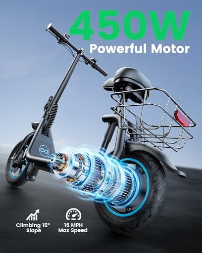C1 Electric Scooter with Seat for Adults  300W Motor  20 Mile Range  15 5 MPH  Foldable Commuter E Scooter with Basket for Grocery  Pets  and Daily Commute  Classic Black