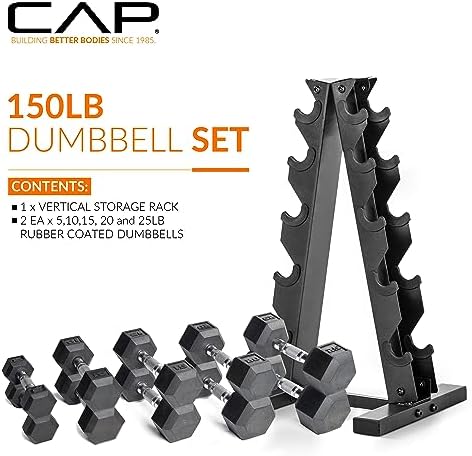 CAP Barbell Rubber Coated Dumbbell Weight Set with Vertical Rack   100 lb  150 lb  and 210 lb Options