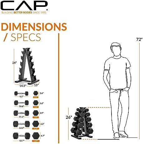 CAP Barbell Rubber Coated Dumbbell Weight Set with Vertical Rack   100 lb  150 lb  and 210 lb Options