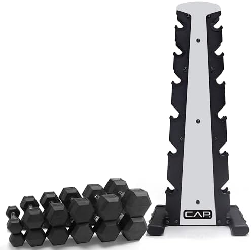 CAP Barbell Rubber Coated Dumbbell Weight Set with Vertical Rack   100 lb  150 lb  and 210 lb Options