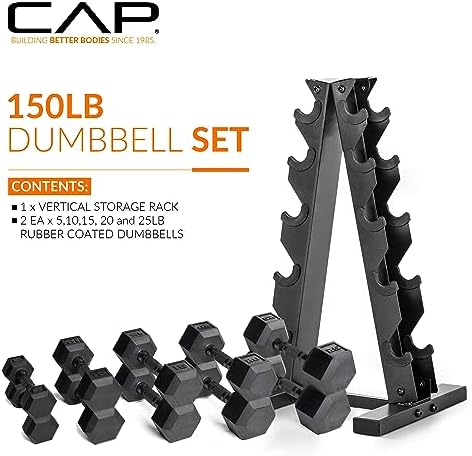 CAP Barbell Rubber Coated Dumbbell Weight Set with Vertical Rack   100 lb  150 lb  and 210 lb Options
