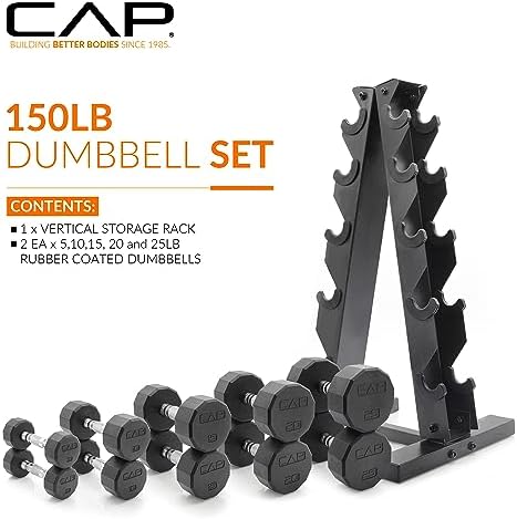CAP Barbell Rubber Coated Dumbbell Weight Set with Vertical Rack   100 lb  150 lb  and 210 lb Options