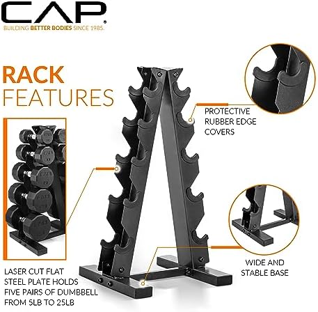 CAP Barbell Rubber Coated Dumbbell Weight Set with Vertical Rack   100 lb  150 lb  and 210 lb Options