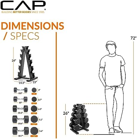 CAP Barbell Rubber Coated Dumbbell Weight Set with Vertical Rack   100 lb  150 lb  and 210 lb Options