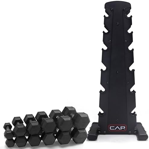 CAP Barbell Rubber Coated Dumbbell Weight Set with Vertical Rack   100 lb  150 lb  and 210 lb Options