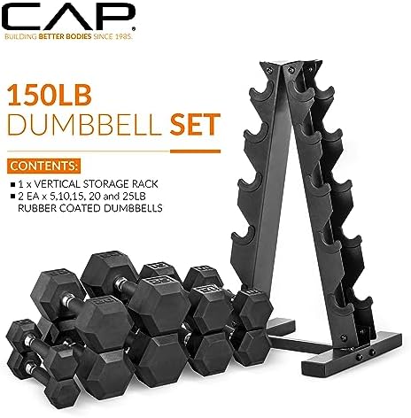 CAP Barbell Rubber Coated Dumbbell Weight Set with Vertical Rack   100 lb  150 lb  and 210 lb Options
