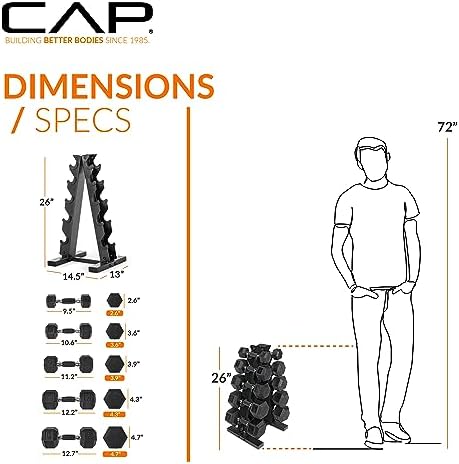 CAP Barbell Rubber Coated Dumbbell Weight Set with Vertical Rack   100 lb  150 lb  and 210 lb Options