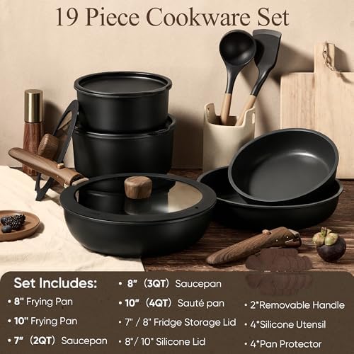 CAROTE 19pcs Pots and Pans Non Stick  Cookware Sets Detachable Handle  Induction Kitchen Pots and Pans NonStick Cooking Set  Oven/Dishwasher/Fridge Safe  Space Saving
